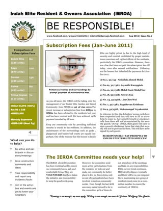 Indah Elite Resident & Owners Association (IEROA)


                            BE RESPONSIBLE!
                            www.facebook.com/groups/indahelite | indahelite@groups.facebook.com                      Aug 2011| Issue No.1




                            Subscription Fees (Jan-June 2011)
     Comparison of
    Subscription Fees                                                                Elite are highly priced is due to the high level of
                                                                                     security and comfort established by proper mainte-
Indah Elite         80                                                               nance exercises and vigilant efforts of the residents,
(335 units)                                                                          particularly the IEROA committee. However, there
                                                                                     are a few that have not paid the subscription fees till
Bayu                100                                                              today., even after several notifications. Following
(879 units)                                                                          are the houses that defaulted the payments for Jan-
                                                                                     Jun 2011;
Permai              150
                                                                                     1) No.1, 32/135 - Abdullah Ahmed Mohd
(229 units)
                                                                                     2) No.24, 32/136A, Jayanthi Karuppiah
Palma               80
(412 units)                   Protect our homes and surroundings by                  3) No.10, 32/136B, Mohd Nazir Mohd Nor
                               prompt payment of maintenance fees.
Prima Impian 70                                                                      4) No.18, 32/136B, Alven Chua
(117 units)                                                                          5) No. 24, 32/138B, Lim Chee Wei
                            As you all know, the IEROA will be taking over the
                            management of our Indah Elite Garden and Gated           6) No. 1, 32/138A, Sagathevan Krishnan
INDAH ELITE (100%)
                            Community from PPDSB on 1st of Jan 2012.The
Rm 80 x 335                 recent increase of subscription fees from RM30 to        7) No.9, 32/138A, Mohanampal Veyakandah
=RM26,800                   RM80 has been advised to the residents last year         In reference to this, the defaulters access cards have
                            and has been received well. We have achieved 97%         been suspended and they will have to fill in access
Monthly Expenses            payment recorded up till now.                            form to come in. Any security breach or emergency
                                                                                     calls from them will not be entertained by the secu-
=RM24,861(Next Pg)                                                                   rity guards. On top of that, their guest will have to
                            Keep our community safe by providing sufficient
                                                                                     sign a security disclaimer forms that state that secu-
                            security is crucial to the residents. In addition, the   rity will not be provided to them. This will have to be
                            maintenance of the surroundings such as parks ,          signed by each guests.
                            playground and basket ball courts are equally im-
                            portant. One of the reasons that the houses in Indah        BE RESPONSIBLE ! PAY PROMPTLY TO
                                                                                        ENSURE UNINTERRUPTED SERVICES!
What can you do
to help?
?     Be active and par-
      ticipate in discus-
      sions/meetings
                            The IEROA Committee needs your help!
?     Give constructive
                            The IEROA elected Committee            However, the committee need           not attend any of the meetings
      comments and
                            has been working hard to ensure        more active participations from       and take on any responsibilities.
      ideas
                            our community have a safe and          the residents to help out and         If the current trend continues,
                            comfortable living. They are           make our community far better         IEROA will collapse eventually
?     Take responsibility
                            VOLUNTEERS that have taken             place to live in. Since 2009, only    and there will be no one responsi-
      and report any
                            the initiative and responsibility      20 out of 335 residents have been     ble in maintaining new group of
      incidents /faults
                            to keep the good work going.           involved in various community         residents must come in as com-
?     Join in the activi-                                          works . Even though the last AGM      mittee member to ensure the
                                                                   saw many came forward to be in        continuity of IEROA .
      ties and events and
                                                                   the committee, 40% of them do
      get to know your
      neighbors
                               Knowing is not enough, we must apply. Willing is not enough, we must do-Johann Wolfgang Von Goethe
 