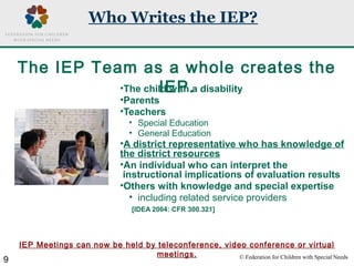 © Federation for Children with Special Needs
9
What is Included on the IEP?
• Parent &/or Student Concerns & Vision
• Stud...