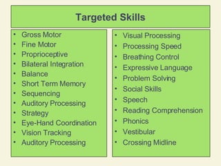 Targeted Skills Gross Motor Fine Motor Proprioceptive Bilateral Integration Balance Short Term Memory Sequencing Auditory Processing Strategy Eye-Hand Coordination Vision Tracking Auditory Processing Visual Processing Processing Speed Breathing Control Expressive Language Problem Solving Social Skills Speech Reading Comprehension Phonics Vestibular Crossing Midline 
