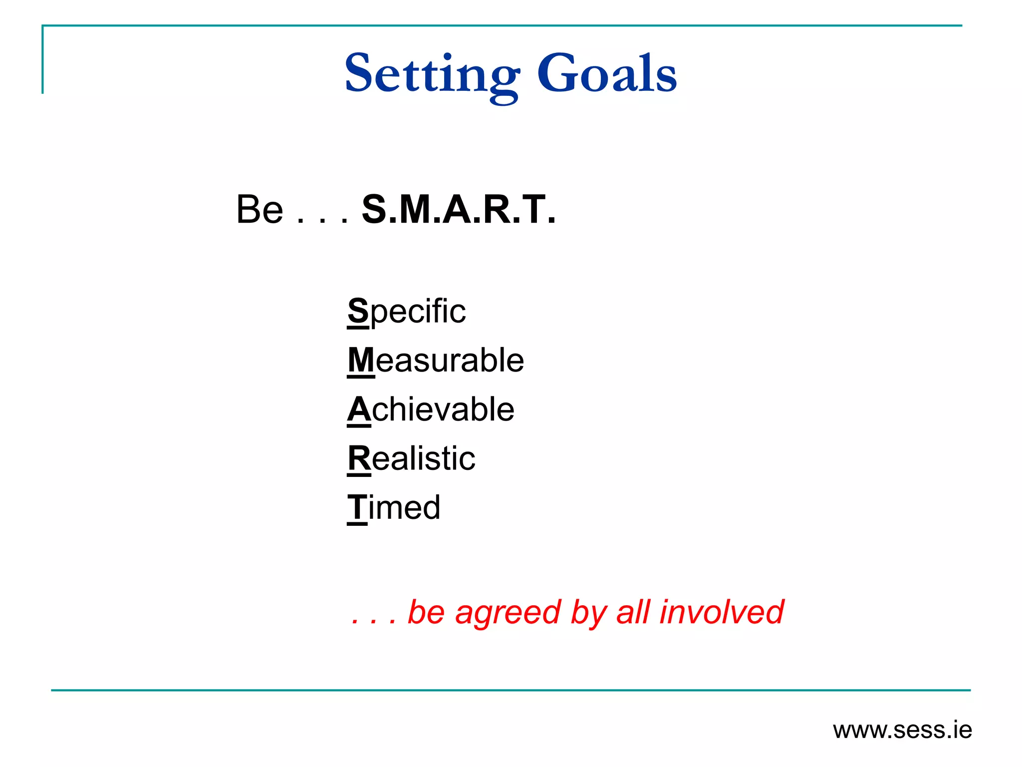 Setting Goals
Be . . . S.M.A.R.T.
Specific
Measurable
Achievable
Realistic
Timed
www.sess.ie
. . . be agreed by all involved
 