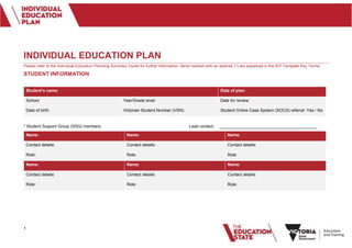 1
INDIVIDUAL EDUCATION PLAN
Please refer to the Individual Education Planning Summary Guide for further information. Items marked with an asterisk (*) are explained in the IEP Template Key Terms.
STUDENT INFORMATION
Student’s name: Date of plan:
School: Year/Grade level: Date for review:
Date of birth: Victorian Student Number (VSN): Student Online Case System (SOCS) referral: Yes / No
* Student Support Group (SSG) members Lead contact: __________________________________________
Name: Name: Name:
Contact details: Contact details: Contact details:
Role: Role: Role:
Name: Name: Name:
Contact details: Contact details: Contact details:
Role: Role: Role:
 
