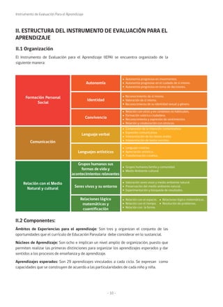 Instrumento de Evaluación Para el Aprendizaje
- 10 -
II. ESTRUCTURA DEL INSTRUMENTO DE EVALUACIÓN PARA EL
APRENDIZAJE
II.1 Organización
El Instrumento de Evaluación para el Aprendizaje (IEPA) se encuentra organizado de la
siguiente manera:
II.2 Componentes:
Ámbitos de Experiencias para el aprendizaje: Son tres y organizan el conjunto de las
oportunidades que el currículo de Educación Parvularia debe considerar en lo sustancial.
Núcleos de Aprendizaje: Son ocho e implican un nivel amplio de organización, puesto que
permiten realizar las primeras distinciones para organizar los aprendizajes esperados y dar
sentidos a los procesos de enseñanza y de aprendizaje.
Aprendizajes esperados: Son 29 aprendizajes vinculados a cada ciclo. Se expresan como
capacidades que se construyen de acuerdo a las particularidades de cada niño y niña.
 