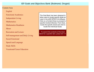 IEP Goals and Objectives Bank (Redmond, Oregon)
Content Area
    English
    Functional Academics                   The Goal Bank has been designed to
                                           allow users to locate specific goals as
    Independent Living                     used in the eSIS SPED Full software.
    Mathematics                            Click on a Content Area to proceed to
                                           specific Content Strands. From there,
    Mathematics Readiness                  locate the specific strand and click to
                                                 locate the Individual Goals.
    Motor
    Recreation and Leisure                 To search the contents of the Goal
                                          Bank for a specific item, press Ctrl + F.
    Self-management and Daily Living
    Social Emotional
    Speech and Language
    Study Skills
    Vocational/Career Education
 