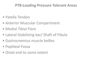 PTB-Loading Pressure Tolerant Areas 
• Patella Tendon 
• Anterior Muscular Compartment 
• Medial Tibial Flare 
• Lateral Stabilizing bar/ Shaft of Fibula 
• Gastrocnemius muscle bellies 
• Popliteal Fossa 
• Distal end to some extent 
 