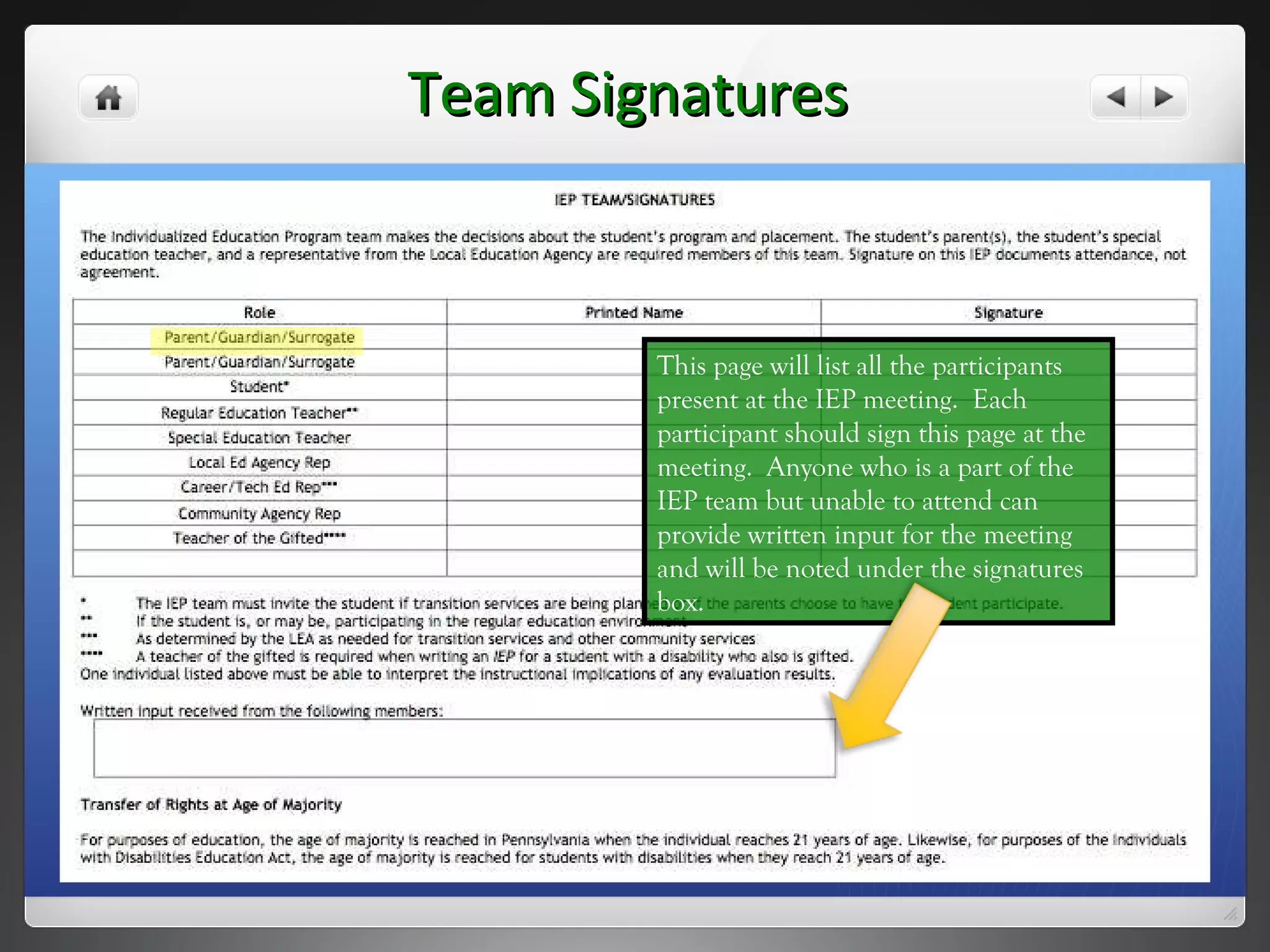 Team Signatures This page will list all the participants present at the IEP meeting.  Each participant should sign this page at the meeting.  Anyone who is a part of the IEP team but unable to attend can provide written input for the meeting and will be noted under the signatures box. 