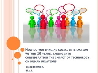 HOW DO YOU IMAGINE SOCIAL INTERACTION
WITHIN 10 YEARS, TAKING INTO
CONSIDERATION THE IMPACT OF TECHNOLOGY
ON HUMAN RELATIONS.

IE application.
N.V.L
 