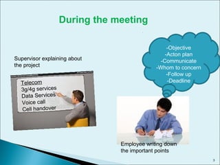 Telecom
3g/4g services
Data Services
Voice call
Cell handover
-Objective
-Acton plan
-Communicate
-Whom to concern
-Follow up
-Deadline
Supervisor explaining about
the project
During the meeting
Employee writing down
the important points
3
 