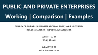 PUBLIC AND PRIVATE ENTERPRISES
Working | Comparison | Examples
FACULTY OF BUSINESS ADMINISTRATION (GLS BBA) – GLS UNIVERSITY
BBA | SEMESTER IV | INDUSTRIAL ECONOMICS
SUBMITTED BY
SY A | 31 – 40
SUBMITTED TO
PROF. VRINDA DAVE
 