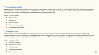 Telecommunication
Companies in the telecommunications industry construct, install and repair common communication devices like cell phones, cable or internet. The telecommunication industry
allows individuals to communicate with others and send information to and from several parts of the world using audio or visual devices.Many organizations within this industry
are internet service providers, cable and satellite companies and wireless internet service providers.
Careers to consider include:
● Cable installer
● Data analyst
● Systems manager
● Telecommunications engineer
● Telecommunications operator
Transportation
Transportation is a large industry handling the movement of people, items and animals using various modes of transportation like trains, trucks, planes and boats. The
transportation industry continues to grow, and it includes a wide range of career opportunities for different skill levels, schedules, interests and abilities.Companies will always
need to move goods and products and people will always have places they need to go. This makes the transportation industry a fairly secure industry to pursue a career in.
Careers to consider include:
● Distribution manager
● Supply chain specialist
● Trafﬁc controller
● Transportation engineer
● Truck driver 24
 