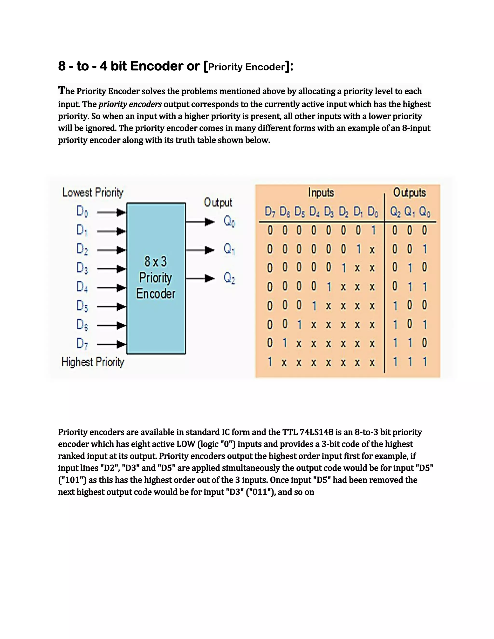 8 - to - 4 bit Encoder or [Priority Encoder]:
The Priority Encoder solves the problems mentioned above by allocating a priority level to each
input. The priority encoders output corresponds to the currently active input which has the highest
priority. So when an input with a higher priority is present, all other inputs with a lower priority
will be ignored. The priority encoder comes in many different forms with an example of an 8-input
priority encoder along with its truth table shown below.

Priority encoders are available in standard IC form and the TTL 74LS148 is an 8-to-3 bit priority
encoder which has eight active LOW (logic "0") inputs and provides a 3-bit code of the highest
ranked input at its output. Priority encoders output the highest order input first for example, if
input lines "D2", "D3" and "D5" are applied simultaneously the output code would be for input "D5"
("101") as this has the highest order out of the 3 inputs. Once input "D5" had been removed the
next highest output code would be for input "D3" ("011"), and so on

 