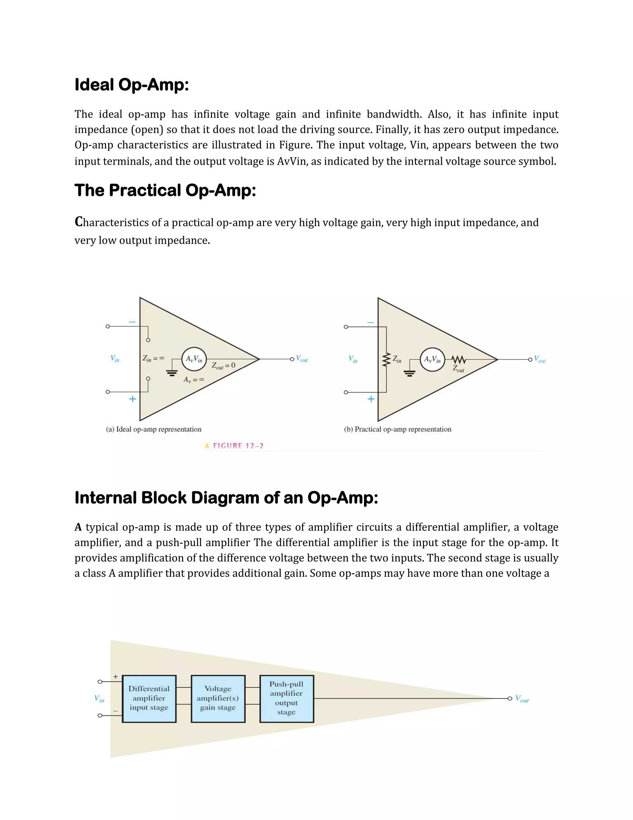 Ideal Op-Amp:
The ideal op-amp has infinite voltage gain and infinite bandwidth. Also, it has infinite input
impedance (open) so that it does not load the driving source. Finally, it has zero output impedance.
Op-amp characteristics are illustrated in Figure. The input voltage, Vin, appears between the two
input terminals, and the output voltage is AvVin, as indicated by the internal voltage source symbol.

The Practical Op-Amp:
Characteristics of a practical op-amp are very high voltage gain, very high input impedance, and
very low output impedance.

Internal Block Diagram of an Op-Amp:
A typical op-amp is made up of three types of amplifier circuits a differential amplifier, a voltage
amplifier, and a push-pull amplifier The differential amplifier is the input stage for the op-amp. It
provides amplification of the difference voltage between the two inputs. The second stage is usually
a class A amplifier that provides additional gain. Some op-amps may have more than one voltage a

 