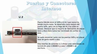 U.2
Puerto híbrido entre el SATA y el M.2 que nunca ha
tenido mucho éxito. Se desarrollo como mejora del
puerto SATA, pero con la llega del M.2 ha caído en
desuso. Destacar que la mayoría de fabricantes de placas
base y disco duro nunca han terminado de confiar en
este.
Se suele encontrar junto con los puertos SATA y en placas
base de gama media o alta.
Esta interfaz de conexión U.2 ofrece unas velocidades de
lectura de unos 2.000MB/s y unos 1.000MB/s de
escritura.
 