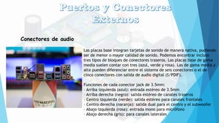 Conectores de audio
Las placas base integran tarjetas de sonido de manera nativa, pudiendo
ser de menor o mayor calidad de sonido. Podemos encontrar incluso
tres tipos de bloques de conectores traseros. Las placas base de gama
media suelen contar con tres (azul, verde y rosa). Las de gama media y
alta pueden diferenciar entre el sistema de seis conectores o el de
cinco conectores con salida de audio digital (S/PDIF).
Funciones de cada conector jack de 3.5mm:
– Arriba izquierda (azul): entrada estéreo de 3.5mm
– Arriba derecha (negro): salida estéreo de canales traseros
– Centro izquierda (verde): salida estéreo para canales frontales
– Centro derecha (naranja): salida dual para el centro y el subwoofer
– Abajo izquierda (rosa): entrada mono para micrófono
– Abajo derecha (gris): para canales laterales
 