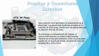 ATX 24 Pines
Este conector está destinado a la alimentación de la
placa base. Las placas base modernas se basan en la
conexión de 20+4 pines, siendo raro ver placas base con
el conector ATX de 20 pines.
Se utiliza para la alimentación del chipset, la
conectividad interna y la conectividad externa.
También se utiliza para alimentar otros circuitos como
puedan ser la tarjeta de sonido, tarjetas de red o las
unidades M.2, entre otros.
 