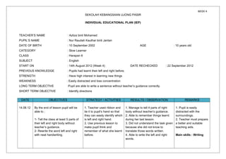 WEEK 4
SEKOLAH KEBANGSAAN UJONG PASIR
INDIVIDUAL EDUCATIONAL PLAN (IEP)
TEACHER’S NAME : Azliza binti Mohamed
PUPIL’S NAME : Nur Raudah Kauthar binti Jantan
DATE OF BIRTH : 10 September 2002 AGE : 10 years old
CATEGORY : Slow Learner
CLASS : Harapan 6
SUBJECT : English
START ON : 14th August 2012 (Week 4) DATE RECHECKED : 22 September 2012
PREVIOUS KNOWLEDGE : Pupils had learnt their left and right before.
STRENGTH : Have high interest in learning new things
WEAKNESS : Easily distracted and loss concentration
LONG TERM OBJECTIVE :Pupil are able to write a sentence without teacher’s guidance correctly.
SHORT TERM OBJECTIVE : Identify directions
DATE OBJECTIVES STRATEGY / ACTIVITIES RESULTS / OBSERVATION REMARKS
14.08.12 By the end of lesson pupil will be
able to ;
1- Tell the class at least 5 parts of
their left and right body without
teacher’s guidance.
2- Rewrite the word left and right
with neat handwriting.
1. Teacher used ribbon and
tie it to pupil’s hand so that
they can easily identify which
is left and right hand.
2. Use previous lesson to
make pupil think and
remember of what she learnt
before.
1. Manage to tell 4 parts of right
body without teacher’s guidance.
2. Able to remember things learnt
during her last lesson.
3. Did not understand the task given
because she did not know to
translate those words written.
4. Able to write the left and right
words.
1. Pupil is easily
distracted with the
surroundings.
2. Teacher must prepare
a better and suitable
teaching aids.
Main skills : Writing
 