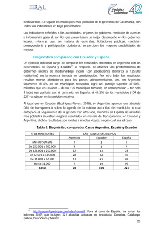 23
desfavorable. Le siguen los municipios más poblados de la provincia de Catamarca, con
todos sus indicadores en baja performance.
Los indicadores referidos a las autoridades, órganos de gobierno, rendición de cuentas
e información general, son los que presentaron un mejor desempeño en los gobiernos
locales, mientras que, en materia de contratos, licitaciones públicas, rendición
presupuestaria y participación ciudadana, se perciben las mayores posibilidades de
mejora.
Diagnóstico comparado con Ecuador y España
Un ejercicio adicional surge de comparar los resultados obtenidos en Argentina con las
experiencias de España y Ecuador9
, al respecto, se observa una predominancia de
gobiernos locales de mediana/baja escala (con poblaciones menores a 125.000
habitantes) en la muestra tomada en consideración. Por otro lado, los resultados
resultan menos alentadores para los países latinoamericanos. Así, en Argentina
solamente el 6% de los municipios relevados logró un puntaje superior al 50%,
mientras que en Ecuador – de los 105 municipios tomados en consideración – tan sólo
1 logró ese puntaje; por el contrario, en España, el 49,3% de los municipios (109 de
221) se ubican en la posición máxima.
Al igual que en Ecuador (Rodríguez-Navas; 2018), en Argentina aparece una absoluta
falta de transparencia sobre la agenda de la máxima autoridad del municipio, lo cual
entorpece el seguimiento de la gestión. Por otro lado, mientras en España las alcaldías
más pobladas muestran mejores resultados en materia de transparencia, en Ecuador y
Argentina, dichos resultados son medios / medios –bajos, según cual sea el caso.
Tabla 5: Diagnóstico comparado. Casos Argentina, España y Ecuador
N° DE HABITANTES   CANTIDAD DE MUNICIPIOS  
   Argentina  Ecuador   España  
Más de 500.000  9  3  3 
De 250.001 a 500.000  9  3  4 
De 125.001 a 250.000  12  13  23 
De 62.501 a 125.000  20  24  46 
De 31.001 a 62.500  13  43  49 
Hasta 31.000  7  19  96 
Total  70  105  221 
9
http://mapainfoparticipa.com/index/home/8. Para el caso de España, se toman los
informes 2017, que incluyen 221 alcaldías ubicadas en: Andalucía, Canarias, Catalunya,
Galicia, País Vasco y Madrid.
 
