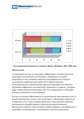 Половозрастная динамика по данным Яндекс-Метрика. Май 2009 года.

Методология.

 К сожалению сегодня, не существует эффективного способа определить
аудиторию пользователей сети Интернет. Погрешности, которые
допускаются в исследовании социально-демографического портрета
пользователя, приблизительно равны 20 %. Многие крупные
исследовательские и аналитические каналы не принимают во внимание
огромный коэффициент пользователей с мобильного телефона, с интернет
кафе и общественных компьютеров. Все это в совокупности и объясняет
большую погрешность в исследовании.

В целях улучшения эффективности от размещенной нами рекламы в сети, в
нашей компании был создан отдел мониторинга. Мониторинг проводится
четыре раза в год, в ходе которого происходит сбор сведений с крупных
медиаканалов и разрабатывается стратегия рекламной компании.
Исследуются наиболее перспективные медиаплатформы, классификация их
аудитории, количественные и качественные показатели рекламных
 