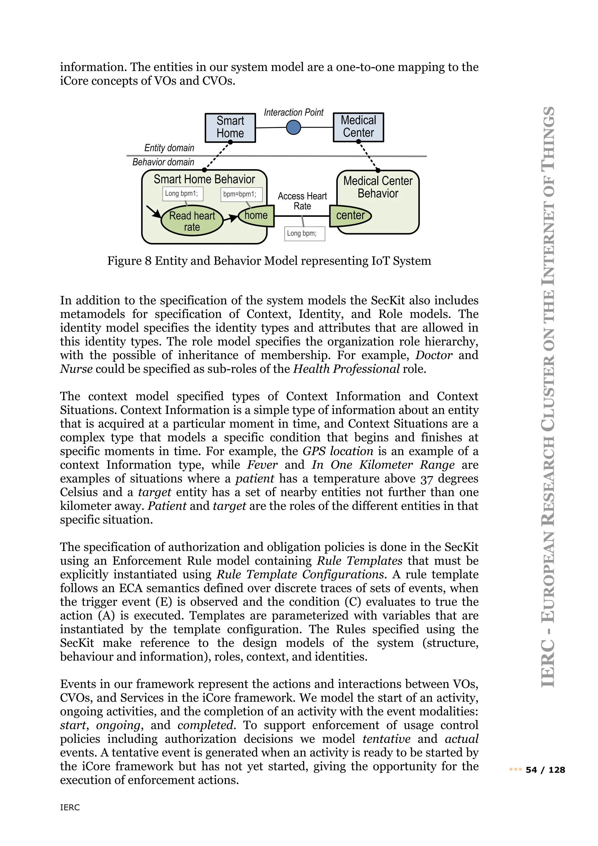 IERC
IERC
-
E
UROPEAN
R
ESEARCH
C
LUSTER
ON
THE
I
NTERNET
OF
T
HINGS
••• 54 / 128
information. The entities in our system model are a one-to-one mapping to the
iCore concepts of VOs and CVOs.
Figure 8 Entity and Behavior Model representing IoT System
In addition to the specification of the system models the SecKit also includes
metamodels for specification of Context, Identity, and Role models. The
identity model specifies the identity types and attributes that are allowed in
this identity types. The role model specifies the organization role hierarchy,
with the possible of inheritance of membership. For example, Doctor and
Nurse could be specified as sub-roles of the Health Professional role.
The context model specified types of Context Information and Context
Situations. Context Information is a simple type of information about an entity
that is acquired at a particular moment in time, and Context Situations are a
complex type that models a specific condition that begins and finishes at
specific moments in time. For example, the GPS location is an example of a
context Information type, while Fever and In One Kilometer Range are
examples of situations where a patient has a temperature above 37 degrees
Celsius and a target entity has a set of nearby entities not further than one
kilometer away. Patient and target are the roles of the different entities in that
specific situation.
The specification of authorization and obligation policies is done in the SecKit
using an Enforcement Rule model containing Rule Templates that must be
explicitly instantiated using Rule Template Configurations. A rule template
follows an ECA semantics defined over discrete traces of sets of events, when
the trigger event (E) is observed and the condition (C) evaluates to true the
action (A) is executed. Templates are parameterized with variables that are
instantiated by the template configuration. The Rules specified using the
SecKit make reference to the design models of the system (structure,
behaviour and information), roles, context, and identities.
Events in our framework represent the actions and interactions between VOs,
CVOs, and Services in the iCore framework. We model the start of an activity,
ongoing activities, and the completion of an activity with the event modalities:
start, ongoing, and completed. To support enforcement of usage control
policies including authorization decisions we model tentative and actual
events. A tentative event is generated when an activity is ready to be started by
the iCore framework but has not yet started, giving the opportunity for the
execution of enforcement actions.
Smart Home Behavior Medical Center
Behavior
home center
Access Heart
Rate
Read heart
rate
Long bpm1; bpm=bpm1;
Entity domain
Behavior domain
Interaction Point
Long bpm;
Smart
Home
Medical
Center
 