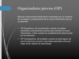Organizadores previos (OP)
Recurso instruccional introductorio compuesto por un conjunto
de conceptos y proposiciones de la nueva información que se
va aprender.
 OP Expositivos. Se recomiendan cuando no existen
suficientes conocimientos previos para asimilar la nueva
información, o bien cuando es completamente desconocida
por los alumnos.
 OP Comparativos. Se emplean cuando se está seguro de
que los alumnos conocen unas ideas parecidas a las que
luego serán objetos de aprendizaje.
 