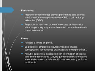 Funciones:
 Proponer conocimientos previos pertinentes para asimilar
la información nueva por aprender (OPE) o utilizar los ya
existentes (OPC).
 Proporcionar –así– un “puente” o soporte de ideas a los
alumnos para lograr que asimilen más constructivamente la
nueva información.
Forma:
 Pasajes o textos en prosa.
 Es posible el empleo de recursos visuales (mapas
conceptuales, ilustraciones organizativas o interpretativas).
 Ausubel sugiere su elaboración con información abstracta,
pero se ha demostrado (Mayer) que resultan más efectivos
al ser elaborados con información más concreta y en forma
multimedia.
 