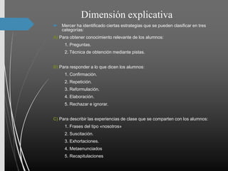 Dimensión explicativa
 Mercer ha identificado ciertas estrategias que se pueden clasificar en tres
categorías:
A) Para obtener conocimiento relevante de los alumnos:
1. Preguntas.
2. Técnica de obtención mediante pistas.
B) Para responder a lo que dicen los alumnos:
1. Confirmación.
2. Repetición.
3. Reformulación.
4. Elaboración.
5. Rechazar e ignorar.
C) Para describir las experiencias de clase que se comparten con los alumnos:
1. Frases del tipo «nosotros»
2. Suscitación.
3. Exhortaciones.
4. Metaenunciados
5. Recapitulaciones
 