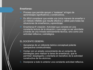 Enseñanza:
 Proceso que permite apoyar o “sostener” el logro de
aprendizajes significativos y constructivos.
 Es difícil considerar que existe una única manera de enseñar o
un método infalible que resulte efectivo y válido para todas las
situaciones de enseñanza y aprendizaje.
 Enseñanza creación. Actividad que consiste en una
constante lectura de la situación y que exige no ser abordada
a través de una mirada estrictamente técnica, sino como una
actividad reflexiva y estratégica.
EL DOCENTE DEBERÁ:
1. Apropiarse de un referente teórico conceptual potente
(perspectiva constructivista).
2. Contar con un amplio conocimiento de un conjunto de
estrategias para realizar la tarea de enseñanza, que le
permitan desplegarla y orientarla en beneficio de la actividad
constructiva de los alumnos.
3. Incorporar a todo lo anterior una constante actividad reflexiva.
 
