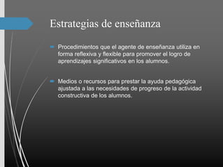 Estrategias de enseñanza
 Procedimientos que el agente de enseñanza utiliza en
forma reflexiva y flexible para promover el logro de
aprendizajes significativos en los alumnos.
 Medios o recursos para prestar la ayuda pedagógica
ajustada a las necesidades de progreso de la actividad
constructiva de los alumnos.
 