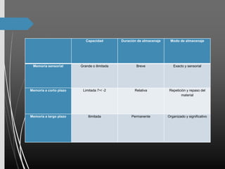 Capacidad Duración de almacenaje Modo de almacenaje
Memoria sensorial Grande o ilimitada Breve Exacto y sensorial
Memoria a corto plazo Limitada 7+/ -2 Relativa Repetición y repaso del
material
Memoria a largo plazo Ilimitada Permanente Organizado y significativo
 