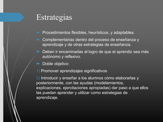 Estrategias
 Procedimientos flexibles, heurísticos, y adaptables.
 Complementarias dentro del proceso de enseñanza y
aprendizaje y de otras estrategias de enseñanza.
 Deben ir encaminadas al logro de que el aprendiz sea más
autónomo y reflexivo.
 Doble objetivo:
1) Promover aprendizajes significativos
2) Introducir y enseñar a los alumnos cómo elaborarlas y
posteriormente, con las ayudas (modelamientos,
explicaciones, ejercitaciones apropiadas) dar paso a que ellos
las puedan aprender y utilizar como estrategias de
aprendizaje.
 
