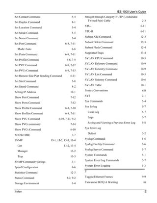 IES-1000 User’s Guide
Set Contact Command                          5-4    Straight-through Category 5 UTP (Unshielded
                                                      Twisted Pair) Cable                          2-3
Set Duplex Command                           8-1
                                                    STU-                                          6-11
Set Location Command                         5-4
                                                    STU-R                                         6-11
Set Mode Command                             5-5
                                                    Subnet Add Command                            12-3
Set Name Command                             5-4
                                                    Subnet Delete Command                         12-3
Set Port Command                        6-8, 7-11
                                                    Subnet Flush Command                          12-4
  Mode=Auto                                  6-6
                                                    Supported Traps                               13-4
Set Ports Command                       6-9, 7-11
                                                    SVLAN CPU Command                             10-5
Set Profile Command                      6-6, 7-8
                                                    SVLAN Delentry Command                        10-9
Set PVC Command                         6-9, 7-12
                                                    SVLAN Getentry Command                        10-9
Set PVCs Command                        6-9, 7-13
                                                    SVLAN List Command                            10-5
Set Remote Side Port Bonding Command        6-11
                                                    SVLAN Setentry Command                        10-6
Set Slot Command                             5-8
                                                    SVLAN Table                                   10-1
Set Speed Command                            8-2
                                                    Syntax Conventions                             xiii
Setting IP Address                          12-1
                                                    SYS                                            2-1
Show Port Command                           7-12
                                                    Sys Commands                                   5-4
Show Ports Command                          7-12
                                                    Sys Errlog                                     5-7
Show Profile Command                    6-8, 7-10
                                                        Clear Log                                  5-7
Show Profiles Command                   6-8, 7-11
                                                        Logs                                       5-7
Show PVC Command                  6-10, 7-13, 9-2
                                                        Saving and Viewing a Previous Error Log    5-8
Show PVCs command                           7-14
                                                    Sys Error Log
Show PVCs Command                           6-10
                                                        Default                                    3-2
SHOWTIME                                     7-7
                                                    Syslog Command                                 5-6
SNMP                       13-1, 13-2, 13-3, 13-4
                                                    Syslog Facility Command                        5-6
  Get                                  13-2, 13-4
                                                    Syslog Server Command                          5-7
  Manager                                   13-2
                                                    System Commands                                5-1
  Trap                                      13-3
                                                    System Error Log Commands                      5-7
SNMP Community Strings                       3-1
                                                    System Error Logging                           1-2
Speed Configuration                          6-6
Statistics Command                          12-3    T

Status Command                           8-2, 9-2   Tagged Ethernet Frames                         9-9

Storage Environment                          1-4    Taiwanese BCIQ A Warning                        iii


Index                                                                                                E
 