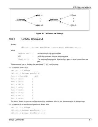 IES-1000 User’s Guide




                                     Figure 9-1 Default VLAN Settings


9.6.1           Portfilter Command
  Syntax:
                192.168.1.1 bridge> portfilter [<source port> all|<dest ports>]

  where
            <source port>       =      An incoming bridge port number.
            all                 =      All bridge ports are allowed outgoing ports.
            <dest ports>        =      The outgoing bridge ports. Separate by a space if there is more than one
                                       port.
  This command sets or displays the port-based VLAN configuration.
An example is shown next.
  192.168.1.1 > bridge
  192.168.1.1 bridge> portfilter
  Port 1 (ethernet):                all
  Port 2 (dsl1):               1
  Port 3 (dsl2):               1
  Port 4 (dsl3):               1
  Port 5 (dsl4):               1
  Port 6 (dsl5):               1
  Port 7 (dsl6):               1
  Port 8 (dsl7):               1
  Port 9 (dsl8):               1
  The above shows the current configuration of the port-based VLAN. It is the same as the default settings.
An example with an altered configuration is shown next.
  192.168.1.1 > bridge
  192.168.1.1 bridge> portfilter 2 1 3
  192.168.1.1 bridge> portfilter 3 1 2



Bridge Commands                                                                                                   9-7
 