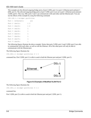 IES-1000 User’s Guide
  This example sets the allowed outgoing bridge ports of port 2 (DSL port 1) to port 1 (Ethernet port) and port 3
  (DSL port 2). The allowed outgoing bridge ports of port 3 (DSL port 2) are set to port 1 (Ethernet port) and port
  2 (DSL port1). This way, DSL ports 2 and 3 can communicate with each other and the Ethernet port. You can
  see the effects of this example by using the following command:
  192.168.1.1 bridge> portfilter
  Port 1 (ethernet):                   all
  Port 2 (dsl1):                 1 3
  Port 3 (dsl2):                 1 2
  Port 4 (dsl3):                 1
  Port 5 (dsl4):                 1
  Port 6 (dsl5):                 1
  Port 7 (dsl6):                 1
  Port 8 (dsl7):                 1
  Port 9 (dsl8):                 1
  The following figures illustrate the above example. Notice that ports 2 (DSL port 1) and 3 (DSL port 2) are able
  to communicate with each other, as well as with the Ethernet. All of the other ports will only be able to
  communicate with the Ethernet port.
The following figure illustrates the
192.168.1.1 bridge> portfilter 2 1 3

command line. Port 2 (DSL port 1) is able to send to both the Ethernet port and port 3 (DSL port 2).




                                Figure 9-2 Example of Modified VLAN Port 2
The following figure illustrates the
192.168.1.1 bridge> portfilter 3 1 2

command line.
Port 3 (DSL port 2) is able to send to both the Ethernet port and port 2 (DSL port 1).




9-8                                                                                             Bridge Commands
 