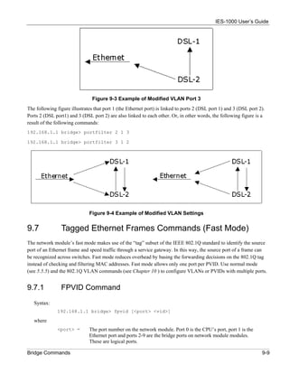 IES-1000 User’s Guide




                                Figure 9-3 Example of Modified VLAN Port 3
The following figure illustrates that port 1 (the Ethernet port) is linked to ports 2 (DSL port 1) and 3 (DSL port 2).
Ports 2 (DSL port1) and 3 (DSL port 2) are also linked to each other. Or, in other words, the following figure is a
result of the following commands:
192.168.1.1 bridge> portfilter 2 1 3

192.168.1.1 bridge> portfilter 3 1 2




                              Figure 9-4 Example of Modified VLAN Settings


9.7             Tagged Ethernet Frames Commands (Fast Mode)
The network module’s fast mode makes use of the “tag” subset of the IEEE 802.1Q standard to identify the source
port of an Ethernet frame and speed traffic through a service gateway. In this way, the source port of a frame can
be recognized across switches. Fast mode reduces overhead by basing the forwarding decisions on the 802.1Q tag
instead of checking and filtering MAC addresses. Fast mode allows only one port per PVID. Use normal mode
(see 5.5.5) and the 802.1Q VLAN commands (see Chapter 10 ) to configure VLANs or PVIDs with multiple ports.


9.7.1           FPVID Command
   Syntax:
               192.168.1.1 bridge> fpvid [<port> <vid>]

   where
               <port> =       The port number on the network module. Port 0 is the CPU’s port, port 1 is the
                              Ethernet port and ports 2-9 are the bridge ports on network module modules.
                              These are logical ports.

Bridge Commands                                                                                                     9-9
 