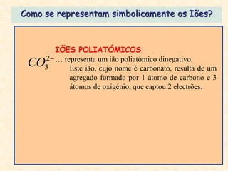 Como se representam simbolicamente os Iões?



         IÕES POLIATÓMICOS
     2  … representa um ião poliatómico dinegativo.
 CO  3       Este ião, cujo nome é carbonato, resulta de um
             agregado formado por 1 átomo de carbono e 3
             átomos de oxigénio, que captou 2 electrões.
 