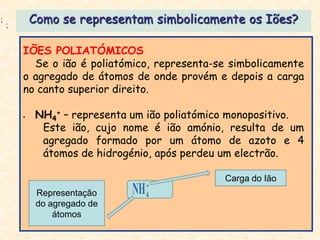 
4
    
    4
            Como se representam simbolicamente os Iões?

        IÕES POLIATÓMICOS
          Se o ião é poliatómico, representa-se simbolicamente
        o agregado de átomos de onde provém e depois a carga
        no canto superior direito.

           NH4+ – representa um ião poliatómico monopositivo.
             Este ião, cujo nome é ião amónio, resulta de um
             agregado formado por um átomo de azoto e 4
             átomos de hidrogénio, após perdeu um electrão.

                                               Carga do Ião
                                   
             Representação    NH   4
             do agregado de
                 átomos
 