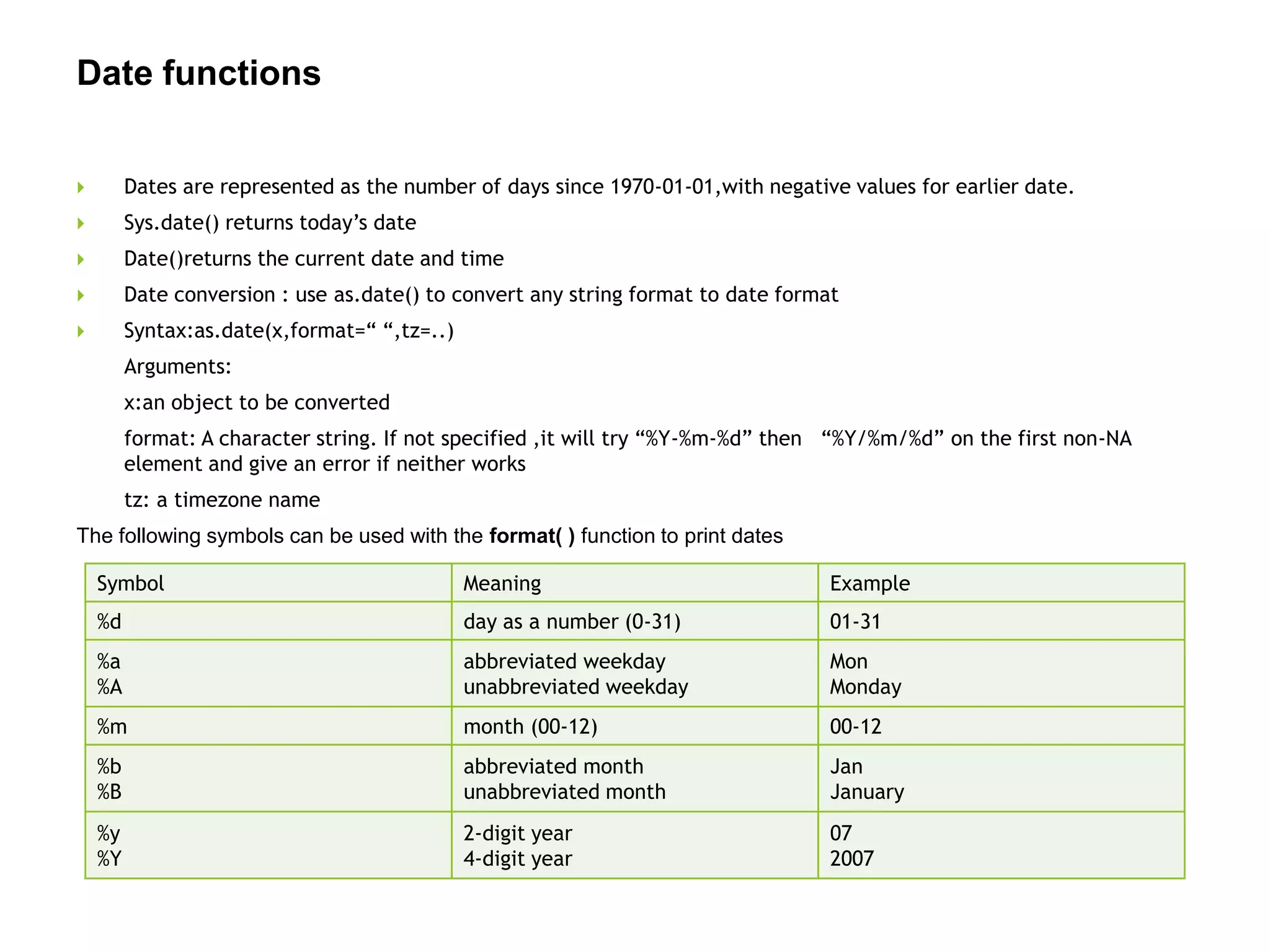 Date functions
 Dates are represented as the number of days since 1970-01-01,with negative values for earlier date.
 Sys.date() returns today’s date
 Date()returns the current date and time
 Date conversion : use as.date() to convert any string format to date format
 Syntax:as.date(x,format=“ “,tz=..)
Arguments:
x:an object to be converted
format: A character string. If not specified ,it will try “%Y-%m-%d” then “%Y/%m/%d” on the first non-NA
element and give an error if neither works
tz: a timezone name
The following symbols can be used with the format( ) function to print dates
Symbol Meaning Example
%d day as a number (0-31) 01-31
%a
%A
abbreviated weekday
unabbreviated weekday
Mon
Monday
%m month (00-12) 00-12
%b
%B
abbreviated month
unabbreviated month
Jan
January
%y
%Y
2-digit year
4-digit year
07
2007
 