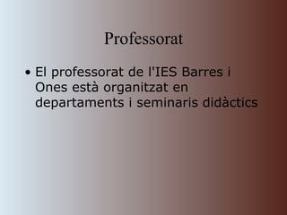 Professorat El professorat de l'IES   Barres   i   Ones està organitzat en departaments i seminaris   didàctics 