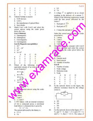w
w
w
.exam
race.com
33.
]4.
35.
36.
8. 2 4 3
b. 4 2 3
c. 4 2 I 3
d. 1 .. 3
Luhiuru Noobme is ll~ed in
a SAW devices
b. LED's
c. dt~ manufacture ofopuca.l librcs
d. laser diodes
Mmch List-1 with List-11 and select tho
correct anser using the. codes given
bclo" the Lists :
Ust-1(,Jalnrill)
A. Paramagnetic
U. Diarnn,"Jlctie
l . Fcrromngnetic
D. i>errinmgnctic
List-II (.!Hgnclic susceptihility)
I. I()"'
2. 101
-10'
J. Hr'
4. 10-101
, B C 11
a 3 2 -1
h 3 4 2 I
~ I J 2 4
a 4 1 2 3
Which uf the followin[!. fs/are the
equivalent ~ircuil~ <If an imn-cored valid
at one frequency~
2
3
Select 1l1e correct answer usin~; the codes
giv~n be.low:
a. I alone
b. 2 alone
c. 2and3
d. I. 2and 3
A IOV buuery with un mternal resisumce
of I0. is connected across a oon-liocllf
load whose ''-i cha111Cto:ristic J$ given t>y
7i = v>+lv
l'he current del!vcrcd by 1hc bnnery is
a 2,5 A
b. 5A
c. 6A
d 7A
sur15
37. A vclltnge I· is applied to an ac circuit
resulting m the delivery or a current 1 •
Which or the lbllowing expressions would
yidll the true pO~er delivered b} ohe
source ·1
38.
39
40
1 Real pan of 11•
2. Real panori'i
,.3. f1 limes the real part of~
I
Select ohe eorrcct answer using the cod~$
gh'en below:
a I alone
b. I ;uod 3
c. land J
d. 3 alone
Mutch List-1 rl oop conl-epl) with l ist-11
(Junction concept) and selcd the correct
answer usmc the codes given below the
Lists:
Usr-1
A. Mesh
B. Outside mesh
C. Mesh curronl
D. Number ofmeshes
Lisi-11
I. Numb~r ofnodes
2. Node voltage
3 Rcrcrcncc nod<'
.J.. N(ldC
" 0 C D
3 . J .j 2
b. J 4 2 I
.:. 4 J 2 I
(I 4 l 2
In the network shown in the ligure. ohe
eiTecoive re.•istanct fated b) !he voltngc
sotir<;t is
3. 40
b. 3n
c. U1
d 10
I'or the nerwor~ shown in t.hc fig1ore.. if V=
V1 and V = 0, Ihen = -5 A and ii' V = 0,
and V1 • t, then r • J/2 A. The values of
 
