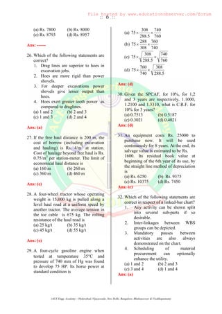 :: 6 ::
(ACE Engg. Academy – Hyderabad, Vijayawada ,New Delhi, Bangalore, Bhubaneswar & Visakhapatnam)
(a) Rs. 7800 (b) Rs. 8000
(c) Rs. 8793 (d) Rs. 8957
Ans: ------
26. Which of the following statements are
correct?
1. Drag lines are superior to hoes in
excavation jobs.
2. Hoes are more rigid than power
shovels.
3. For deeper excavations power
shovels give lesser output than
hoes.
4. Hoes exert greater tooth power as
compared to draglines.
(a) 1 and 2 (b) 2 and 3
(c) 1 and 3 (d) 2 and 4
Ans: (a)
27. If the free haul distance is 200 m, the
cost of borrow (including excavation
and hauling) is Rs. 4/m3
at station.
Cost of haulage beyond free haul is Rs.
0.75/m3
per station-meter. The limit of
economical haul distance is
(a) 160 m (b) 260 m
(c) 360 m (d) 460 m
Ans: (c)
28. A four-wheel tractor whose operating
weight is 15,000 kg is pulled along a
level haul road at a uniform speed by
another tractor. The average tension in
the toe cable is 675 kg. The rolling
resistance of the haul road is
(a) 25 kg/t (b) 35 kg/t
(c) 45 kg/t (d) 55 kg/t
Ans: (c)
29. A four-cycle gasoline engine when
tested at temperature 35C and
pressure of 740 mm of Hg was found
to develop 75 HP. Its horse power at
standard condition is
(a)
760
740
5.288
308
75 
(b)
740
760
308
288
75 
(c)
760
740
5.288
308
75 
(d)
5.288
308
740
760
75 
Ans: (d)
30. Given the SPCAF, for 10%, for 1,2
and 3 years are respectively, 1.1000,
1.2100 and 1.3310, what is C.R.F. for
10% for 3 years?
(a) 0.7513 (b) 0.5187
(c) 0.3021 (d) 0.4021
Ans: (d)
31. An equipment costs Rs. 25000 to
purchase now. It will be used
continuously for 8 years. At the end, its
salvage value is estimated to be Rs.
1600. Its residual book value at
beginning of the 6th year of its use, by
the straight line method of depreciation
is
(a) Rs. 6250 (b) Rs. 9375
(c) Rs. 10375 (d) Rs. 7450
Ans: (c)
32. Which of the following statements are
correct in respect of a linked-bar chart?
1. Any activity can be shown split
into several sub-parts if so
desirable.
2. Inter-linkages between WBS
groups can be depicted.
3. Mandatory pauses between
activities are also always
demonstrated on the chart.
4. Scheduling of material
procurement can optionally
enhance the utility.
(a) 1 and 2 (b) 2 and 3
(c) 3 and 4 (d) 1 and 4
Ans: (a)
File hosted by www.educationobserver.com/forum
 