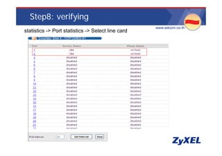 Step8: verifying
                                                     •www.adcom.co.th
•statistics -> Port statistics -> Select line card
 