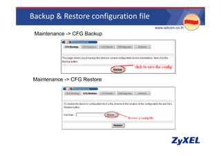Backup & Restore configuration file
                                      •www.adcom.co.th
•Maintenance -> CFG Backup




•Maintenance -> CFG Restore
 M i t              R t
 