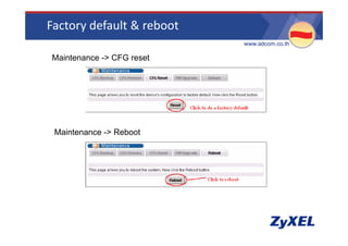 Factory default & reboot
                            •www.adcom.co.th

•Maintenance -> CFG reset




•Maintenance -> Reboot
 