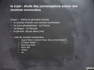 This work is licensed under a Creative Commons Attribution-NonCommercial 4.0 International License. @Médhi
104
le sujet : étude des conversations autour des
montres connectées
Etape 1 : Définir le périmètre d’étude
• le champs d’étude: Les montres connectées
• La zone géographique : La France
• La langue : Le français
• la période :depuis début avril
• Liste de montres connectées
• Apple Watch, Android Wear, Sony SmartWatch 3
• E-Paper Watch
• Samsung Gear
• Moto 360
• iWatch
• etc.
 