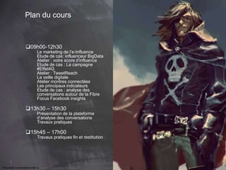 This work is licensed under a Creative Commons Attribution-NonCommercial 4.0 International License. @Médhi
3
Plan du cours
09h00-12h30
Le marketing de l’e-Influence
Etude de cas: influenceur BigData
Atelier : votre score d'influence
Etude de cas : La campagne
#Effet4G
Atelier : TweetReach
La veille digitale
Atelier montres connectées
Les principaux indicateurs
Etude de cas : analyse des
conversations autour de la Fibre
Focus Facebook insights
13h30 – 15h30
Présentation de la plateforme
d’analyse des conversations
Travaux pratiques
15h45 – 17h00
Travaux pratiques fin et restitution
 