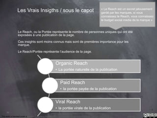 This work is licensed under a Creative Commons Attribution-NonCommercial 4.0 International License. @Médhi
88
Les Vrais Insigths / sous le capot
Le Reach, ou la Portée représente le nombre de personnes uniques qui ont été
exposées à une publication de la page.
Ces insights sont moins connus mais sont de premières importance pour les
marque.
Le Reach/Portée représente l’audience de la page.
Organic Reach
• La portée naturelle de la publication
Paid Reach
• la portée payée de la publication
Viral Reach
• la portée virale de la publication
« Le Reach est un secret jalousement
gardé par les marques, si vous
connaissez le Reach, vous connaissez
le budget social media de la marque »
 