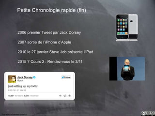 10 
Petite Chronologie rapide (fin) 
2006 premier Tweet par Jack Dorsey 
2007 sortie de l’iPhone d’Apple 
2010 le 27 janvier Steve Job présente l’iPad 
2015 ? Cours 2 : Rendez-vous le 3/11 
This work is licensed under a Creative Commons Attribution-NonCommercial 4.0 International License. @medhi 
 