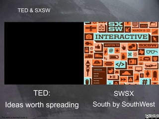 Ideas worth spreading 
71 
TED & SXSW 
TED: 
SWSX 
South by SouthWest 
This work is licensed under a Creative Commons Attribution-NonCommercial 4.0 International License. @medhi 
 