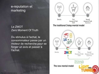75 
e-reputation et 
marketing 
Le ZMOT 
Zero Moment Of Truth 
Du stimulus à l'achat, le 
consommateur passe par un 
moteur de recherche pour se 
forger un avis et passer à 
l'achat. 
This work is licensed under a Creative Commons Attribution-NonCommercial 4.0 International License. @medhi 
 