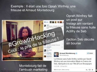 81 
Exemple : Il était une fois Oprah Winfrey, une 
friteuse et Arnaud Montebourg 
Oprah Winfrey fait 
un post sur 
Instagr.am vantant 
la friteuse sans huile 
Actifry de Seb 
Montebourg fait de 
l’ambush marketing 
l'action Seb décolle 
en bourse 
This work is licensed under a Creative Commons Attribution-NonCommercial 4.0 International License. @medhi 
 