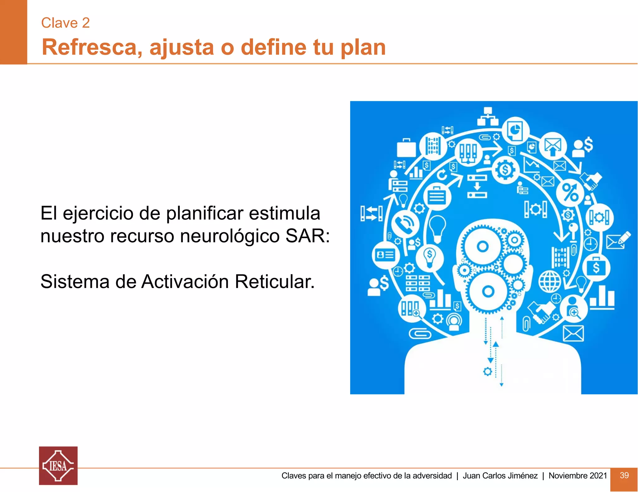 Claves para el manejo efectivo de la adversidad | Juan Carlos Jiménez | Noviembre 2021 39
Refresca, ajusta o define tu plan
Clave 2
El ejercicio de planificar estimula
nuestro recurso neurológico SAR:
Sistema de Activación Reticular.
 